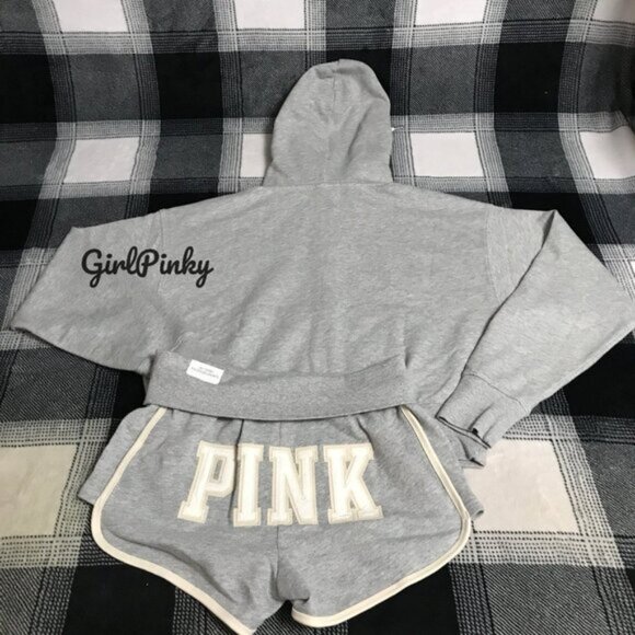 VS PINK IVY TERRY SHORTS OUTFIT & FULL ZIP IN GREY WITH LOGO ON THE BUTT XS-XXL - Picture 7 of 7